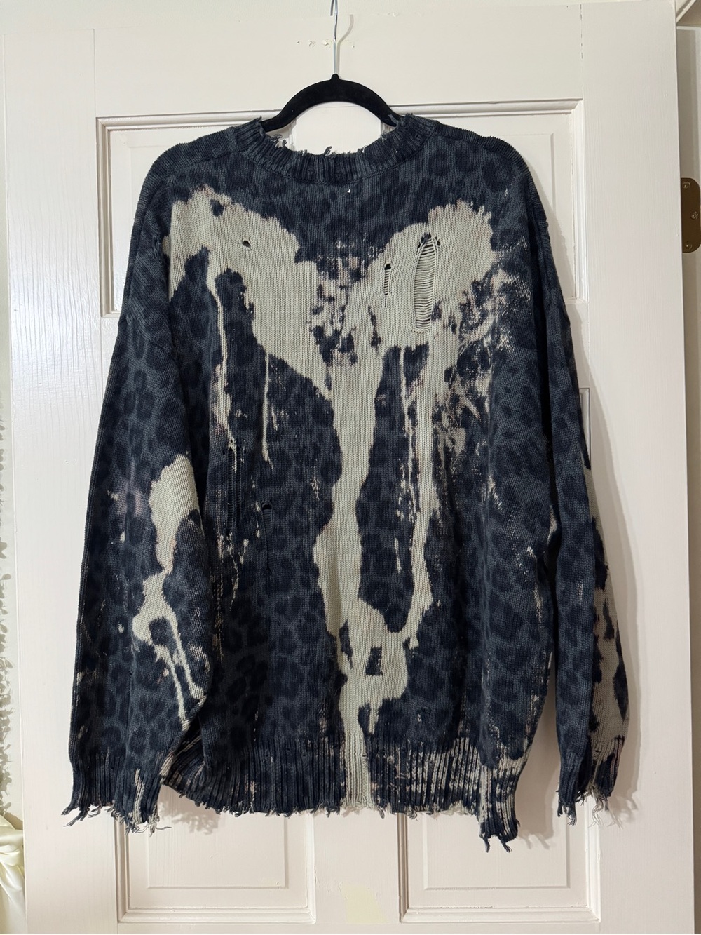 R13 Oversized Black and Cream Distressed Leopard-Print Crewneck Sweater XL - Picture 2 of 4